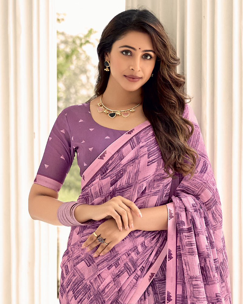 Vishal Prints Dusty Purple Printed Chiffon Saree With Fancy Border