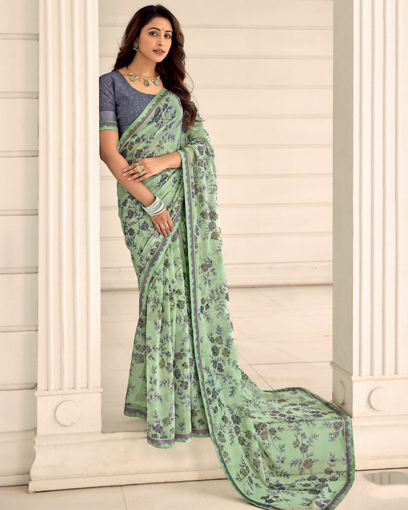 Vishal Prints Light Moss Green Printed Chiffon Saree With Fancy Border