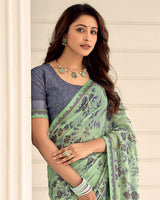 Vishal Prints Light Moss Green Printed Chiffon Saree With Fancy Border