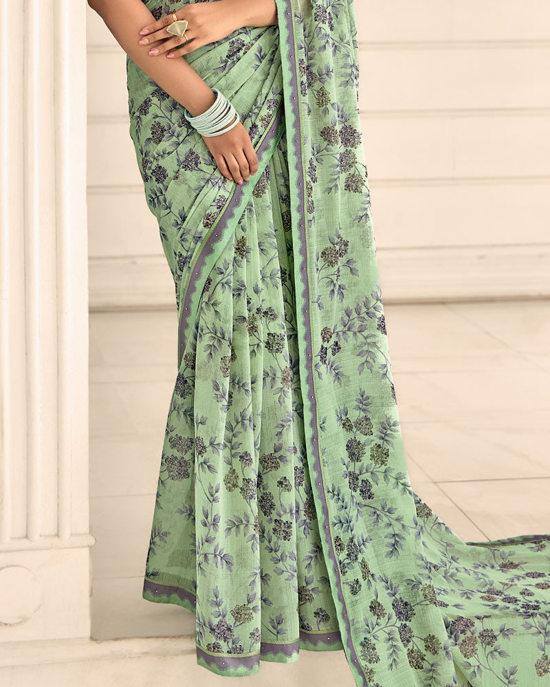 Vishal Prints Light Moss Green Printed Chiffon Saree With Fancy Border