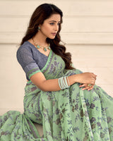 Vishal Prints Light Moss Green Printed Chiffon Saree With Fancy Border