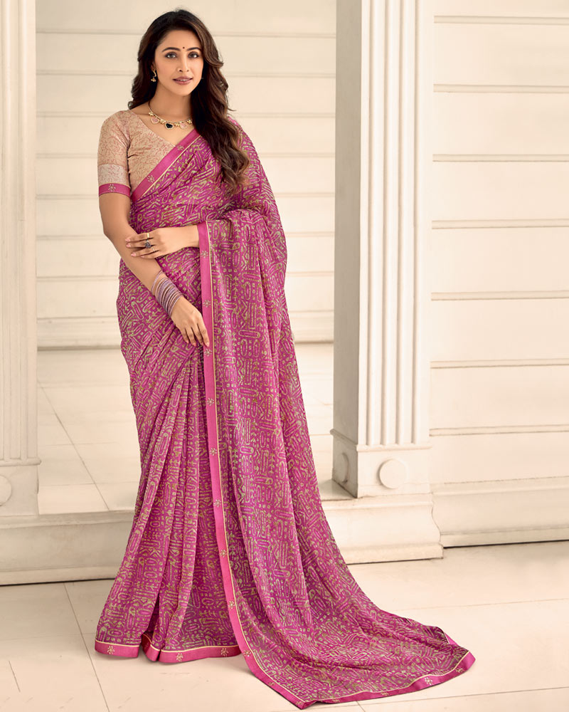 Vishal Prints Tulip Pink Printed Chiffon Saree With Fancy Border