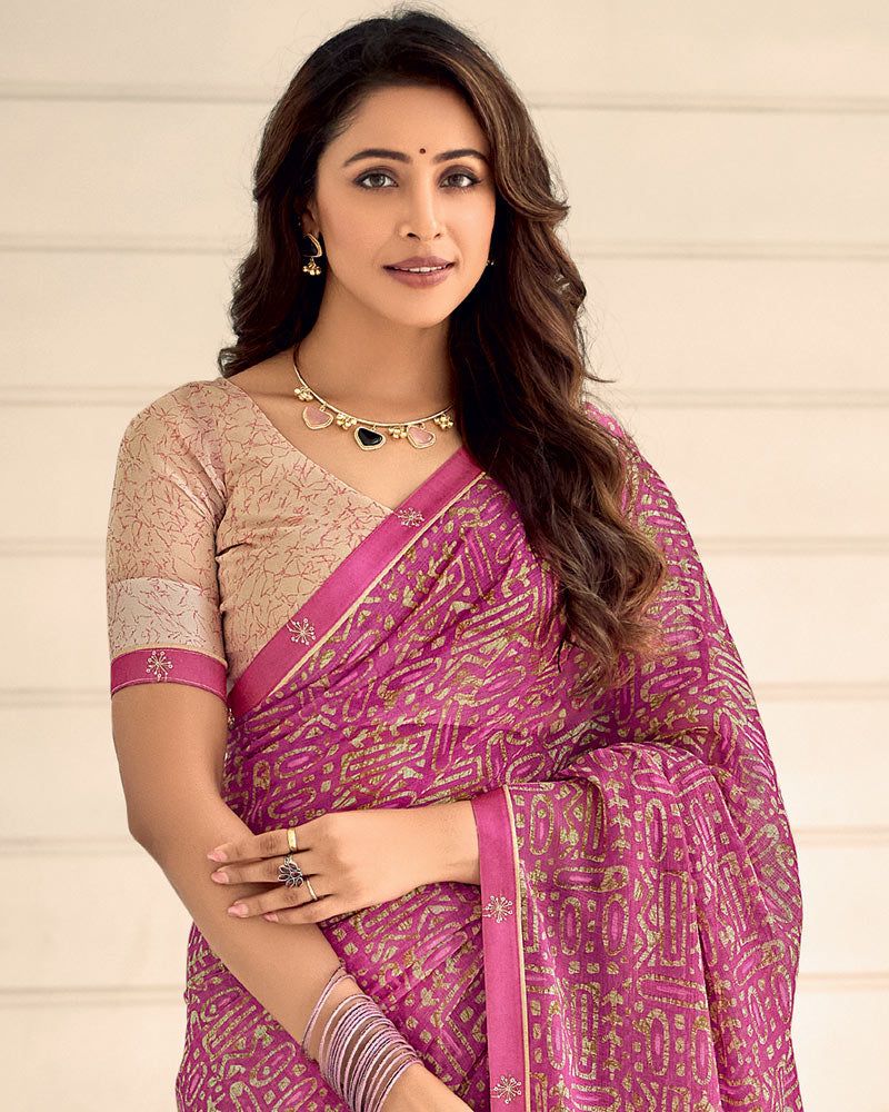Vishal Prints Tulip Pink Printed Chiffon Saree With Fancy Border