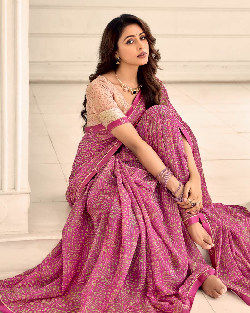 Vishal Prints Tulip Pink Printed Chiffon Saree With Fancy Border
