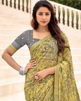 Vishal Prints Indian Yellow Printed Chiffon Saree With Fancy Border