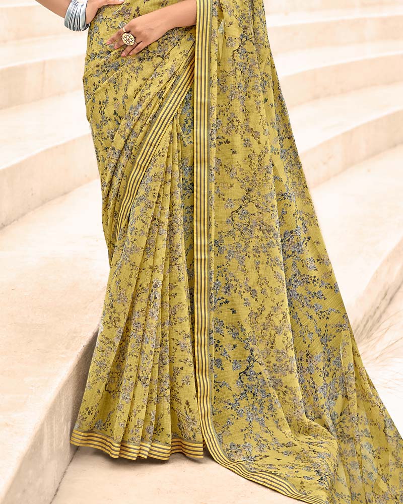 Vishal Prints Indian Yellow Printed Chiffon Saree With Fancy Border