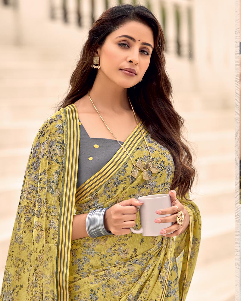 Vishal Prints Indian Yellow Printed Chiffon Saree With Fancy Border