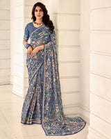 Vishal Prints Bluish Grey Printed Chiffon Saree With Fancy Border