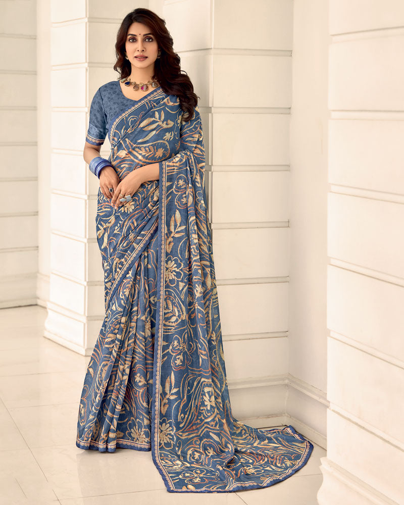 Vishal Prints Bluish Grey Printed Chiffon Saree With Fancy Border
