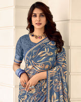Vishal Prints Bluish Grey Printed Chiffon Saree With Fancy Border