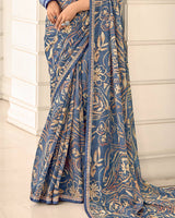 Vishal Prints Bluish Grey Printed Chiffon Saree With Fancy Border
