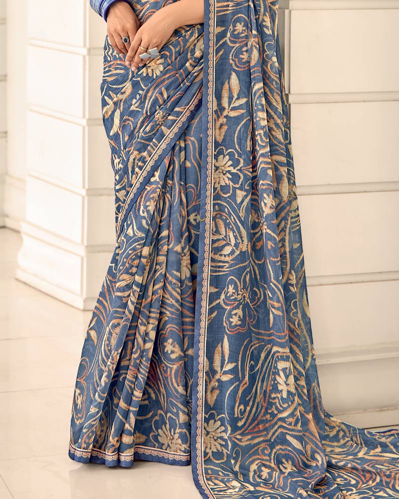 Vishal Prints Bluish Grey Printed Chiffon Saree With Fancy Border