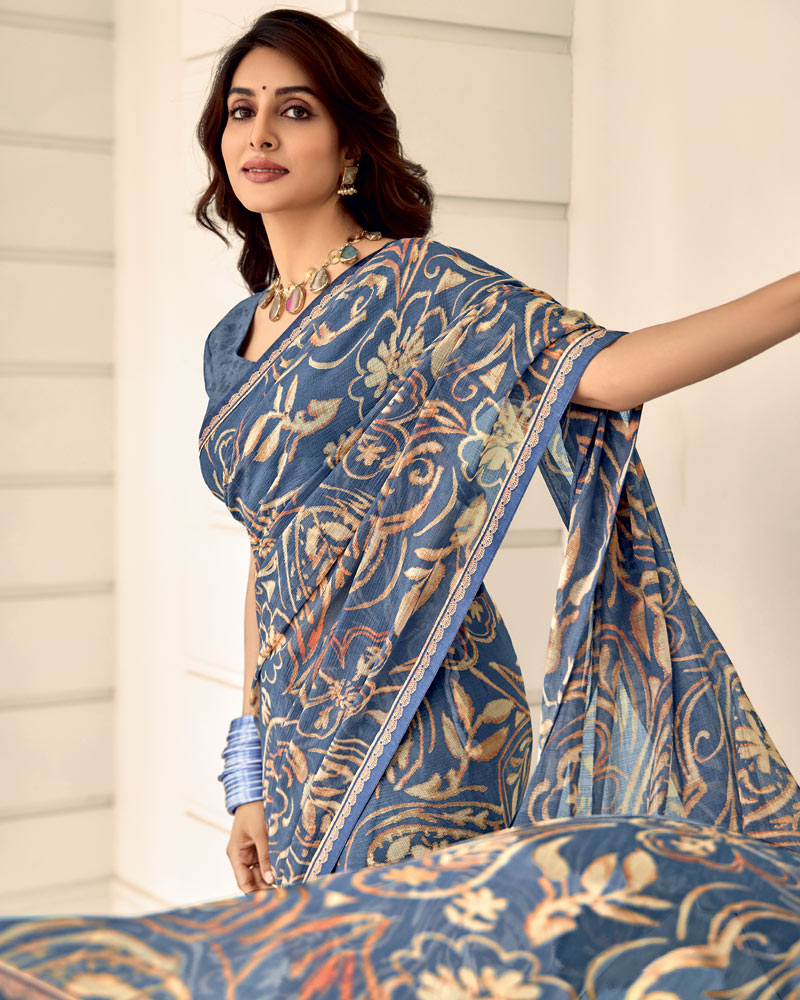 Vishal Prints Bluish Grey Printed Chiffon Saree With Fancy Border