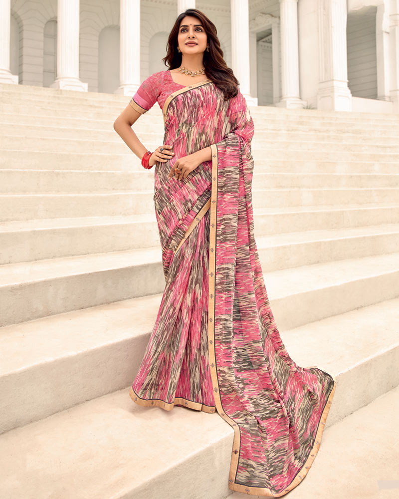 Vishal Prints Carmine Pink Printed Chiffon Saree With Fancy Border
