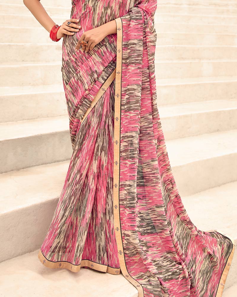 Vishal Prints Carmine Pink Printed Chiffon Saree With Fancy Border