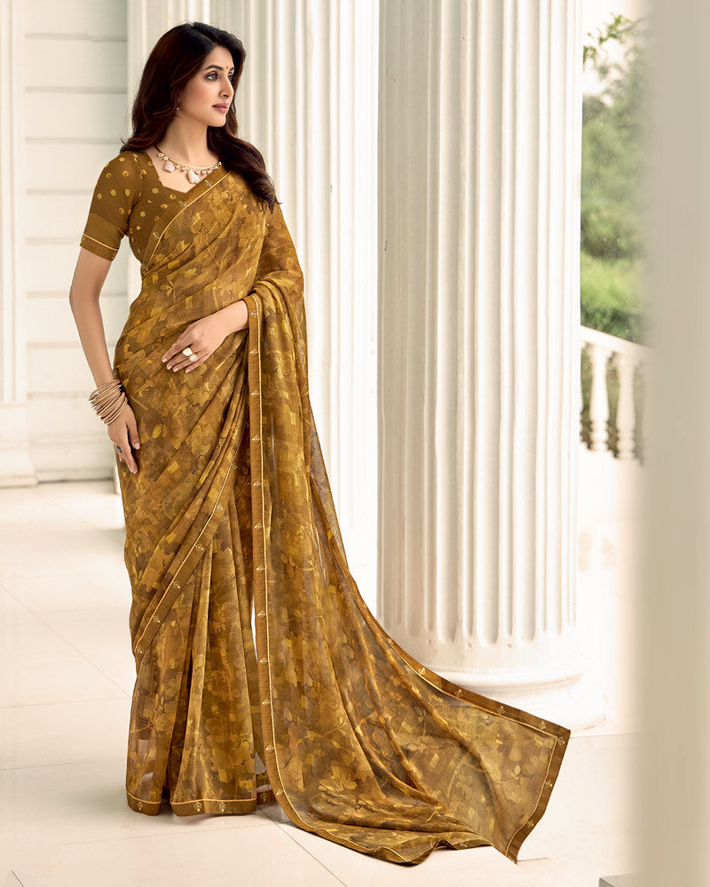 Vishal Prints Rusty Orange Printed Chiffon Saree With Fancy Border