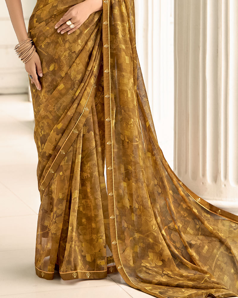 Vishal Prints Rusty Orange Printed Chiffon Saree With Fancy Border