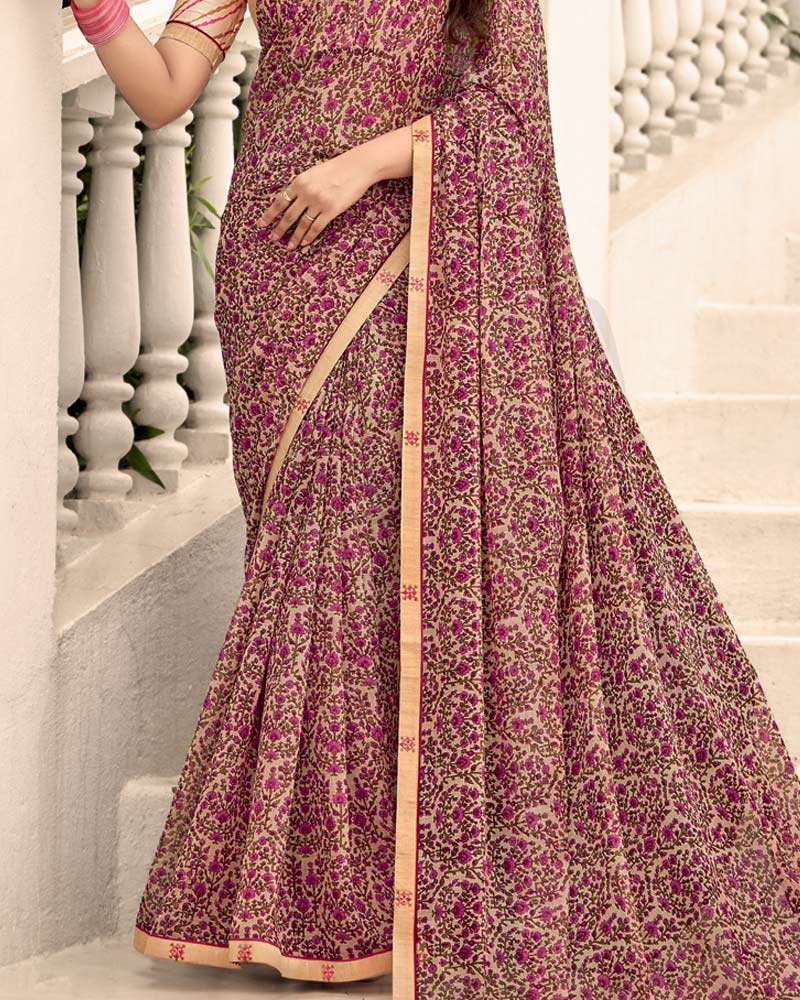 Vishal Prints Dark Raspberry Printed Chiffon Saree With Fancy Border