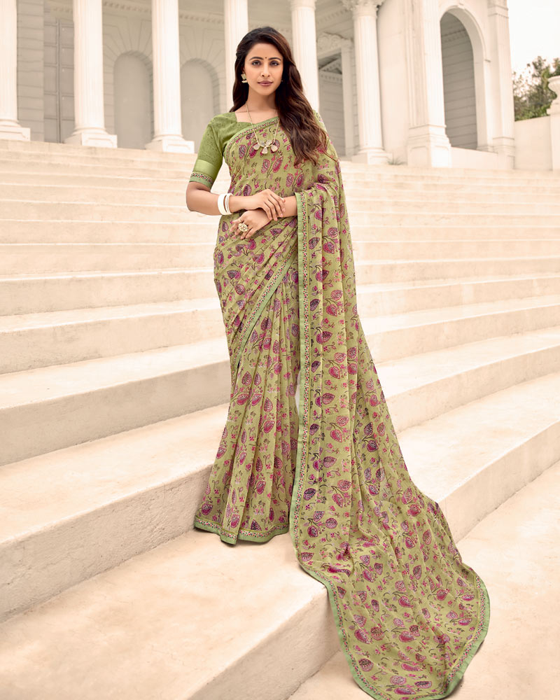 Vishal Prints Light Olive Green Printed Chiffon Saree With Fancy Border