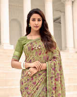 Vishal Prints Light Olive Green Printed Chiffon Saree With Fancy Border