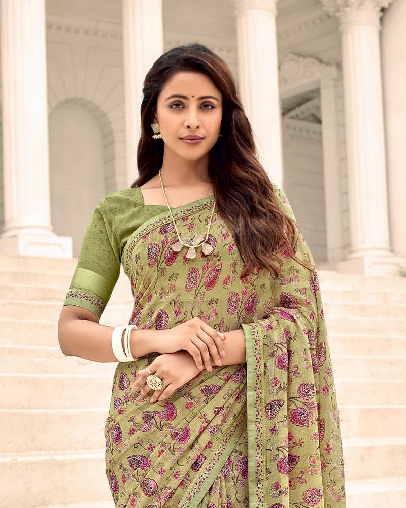 Vishal Prints Light Olive Green Printed Chiffon Saree With Fancy Border