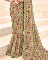 Vishal Prints Light Olive Green Printed Chiffon Saree With Fancy Border
