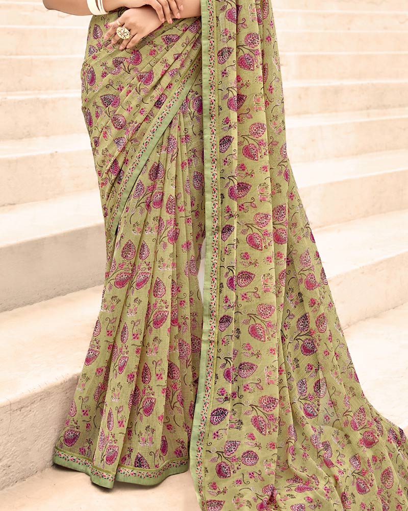 Vishal Prints Light Olive Green Printed Chiffon Saree With Fancy Border