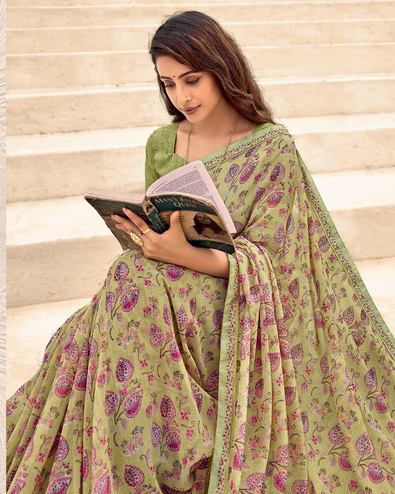 Vishal Prints Light Olive Green Printed Chiffon Saree With Fancy Border