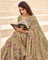 Vishal Prints Light Olive Green Printed Chiffon Saree With Fancy Border