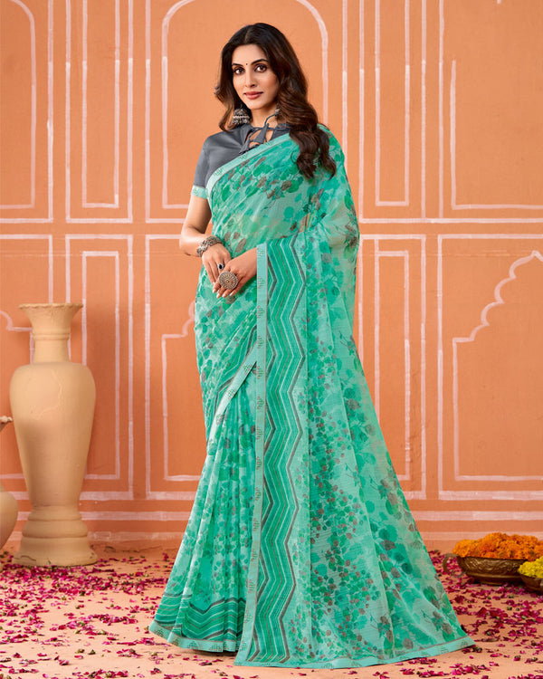 Vishal Prints Summer Green Printed Fancy Chiffon Saree With Fancy Border