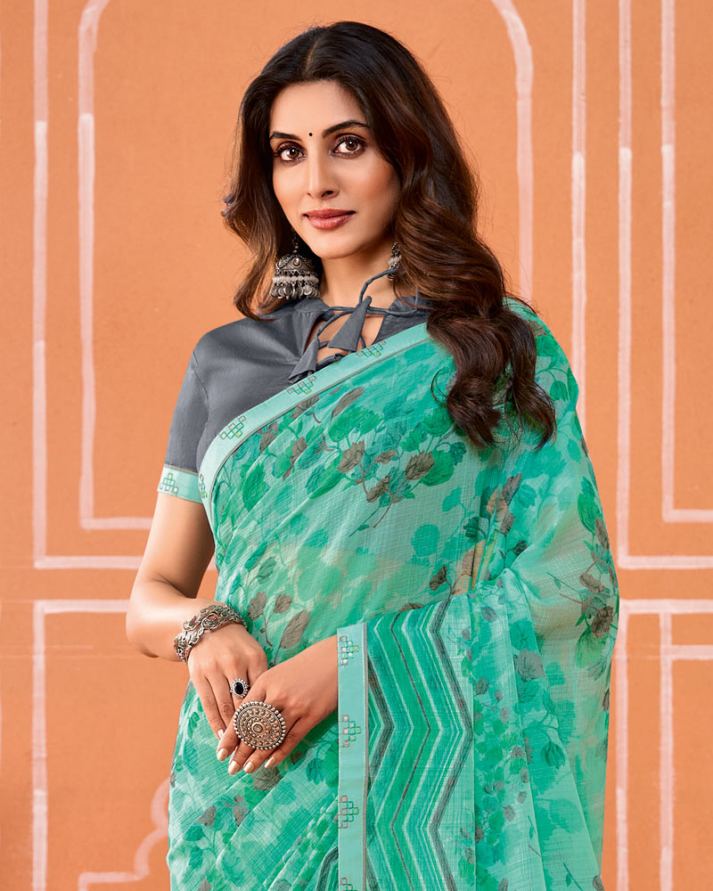 Vishal Prints Summer Green Printed Fancy Chiffon Saree With Fancy Border