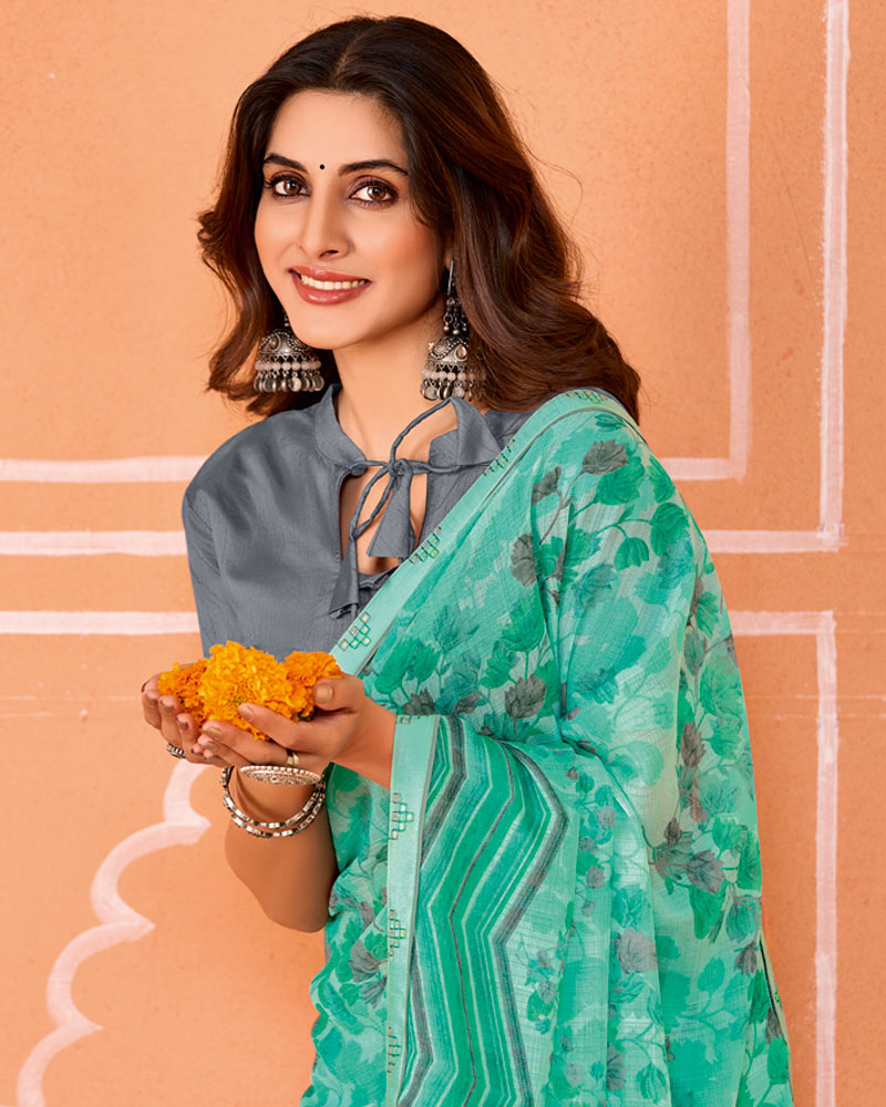 Vishal Prints Summer Green Printed Fancy Chiffon Saree With Fancy Border