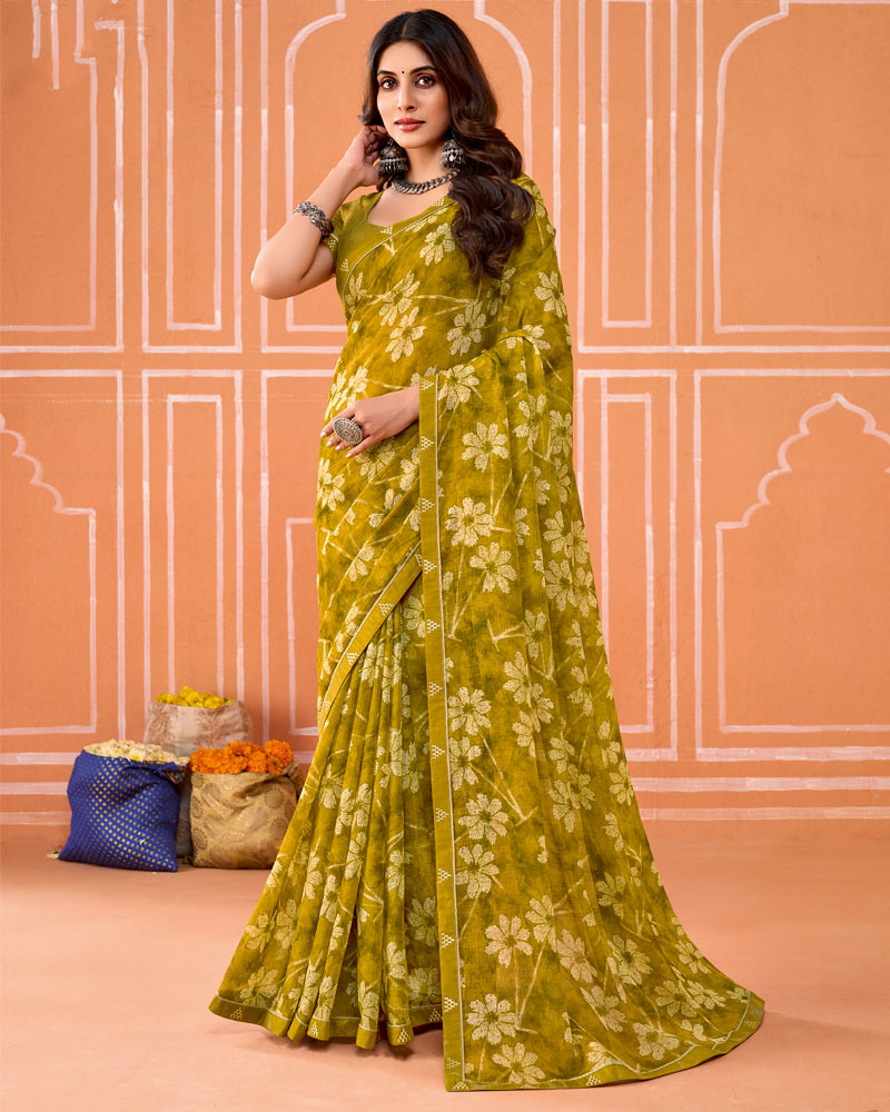 Vishal Prints Ochre Printed Fancy Chiffon Saree With Fancy Border