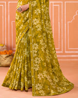 Vishal Prints Ochre Printed Fancy Chiffon Saree With Fancy Border