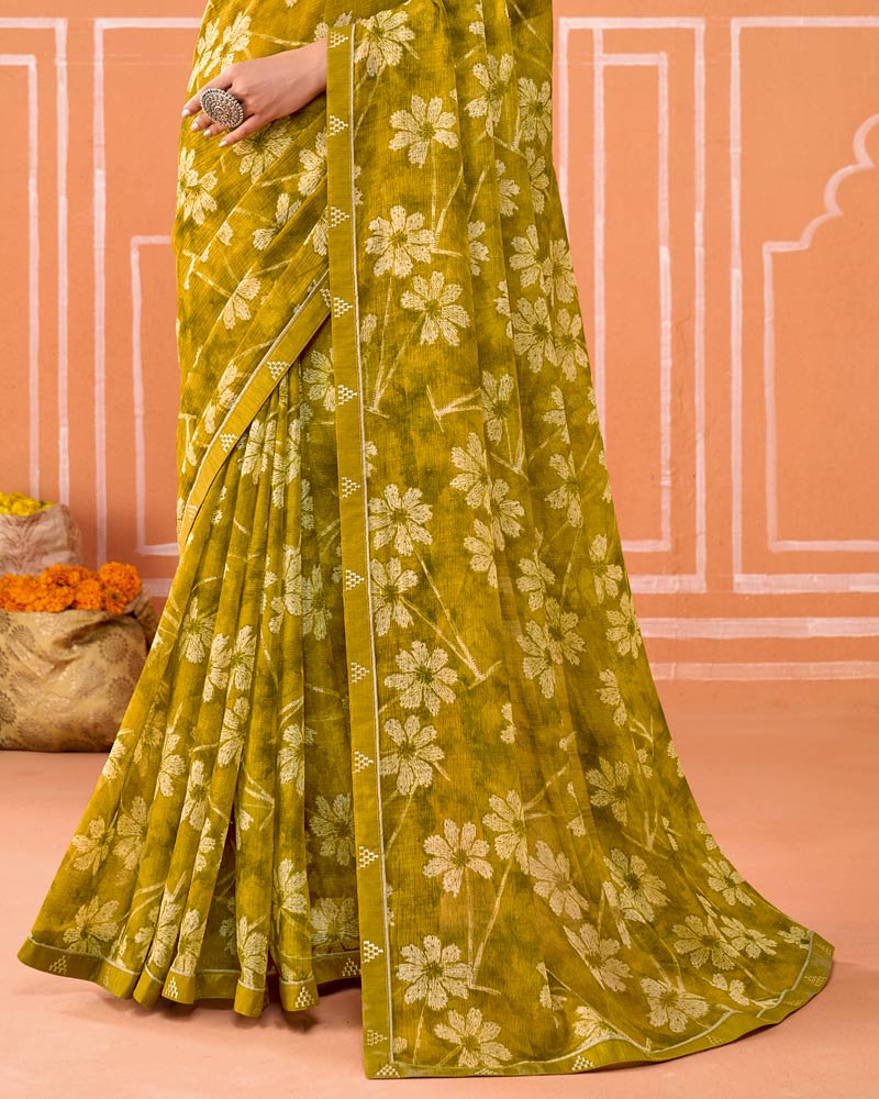 Vishal Prints Ochre Printed Fancy Chiffon Saree With Fancy Border