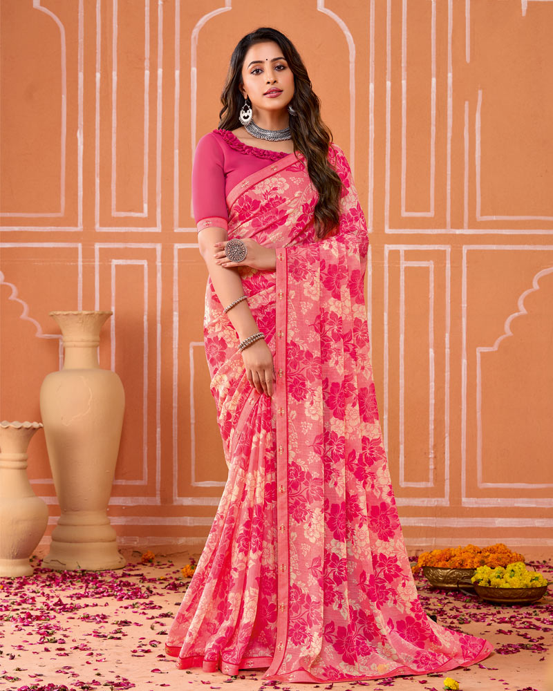 Vishal Prints Rosy Pink Printed Fancy Chiffon Saree With Fancy Border