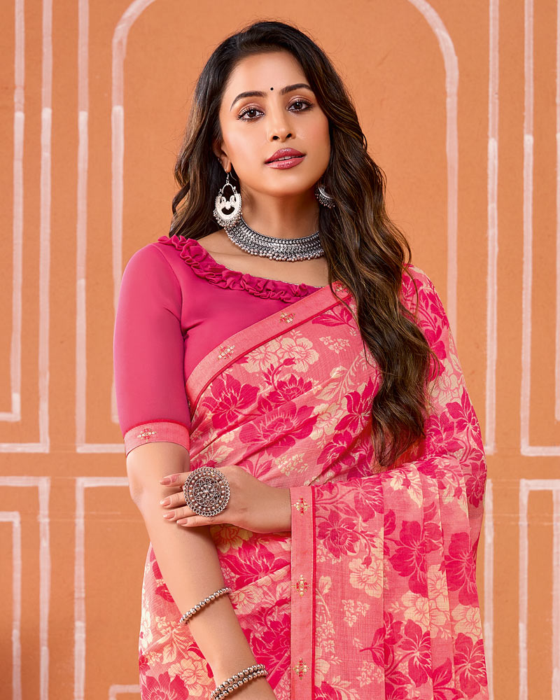 Vishal Prints Rosy Pink Printed Fancy Chiffon Saree With Fancy Border