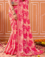 Vishal Prints Rosy Pink Printed Fancy Chiffon Saree With Fancy Border