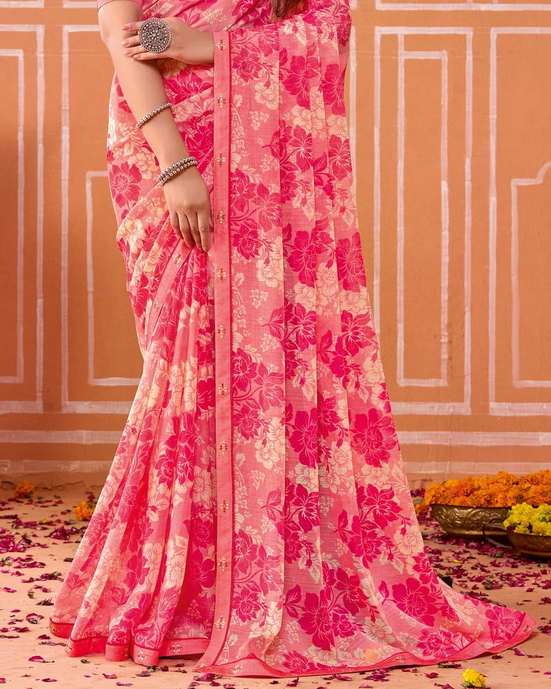 Vishal Prints Rosy Pink Printed Fancy Chiffon Saree With Fancy Border
