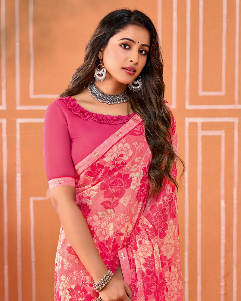 Vishal Prints Rosy Pink Printed Fancy Chiffon Saree With Fancy Border