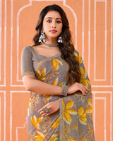 Vishal Prints Light Brown Grey Printed Fancy Chiffon Saree With Fancy Border