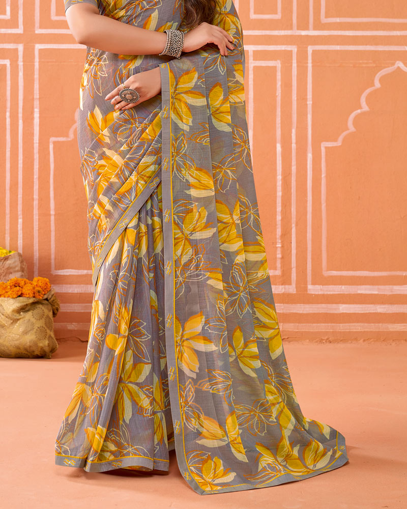 Vishal Prints Light Brown Grey Printed Fancy Chiffon Saree With Fancy Border