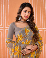 Vishal Prints Light Brown Grey Printed Fancy Chiffon Saree With Fancy Border