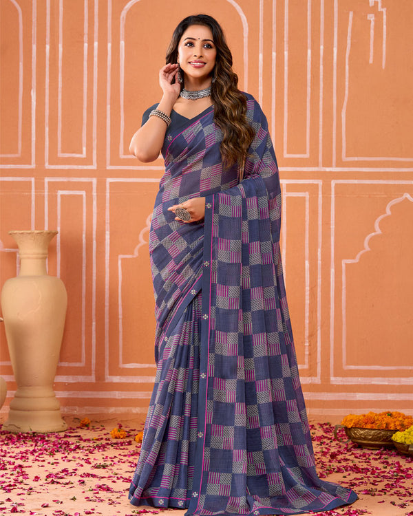 Vishal Prints Purple Printed Fancy Chiffon Saree With Fancy Border