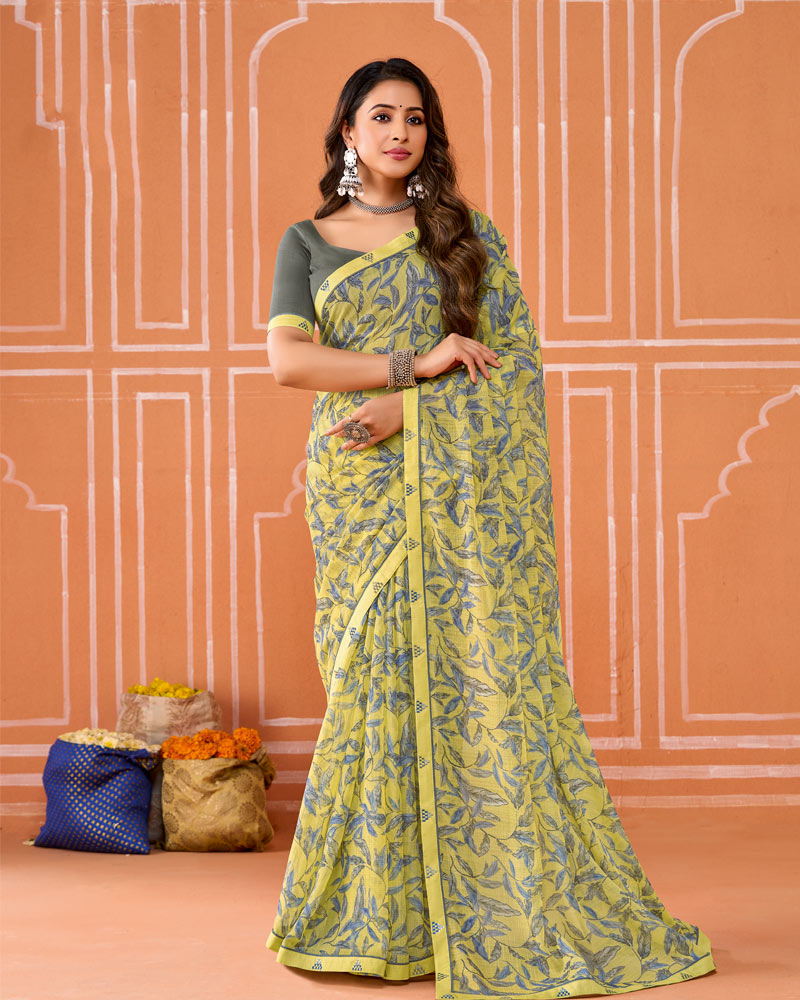 Vishal Prints Yellowish Green Printed Fancy Chiffon Saree With Fancy Border