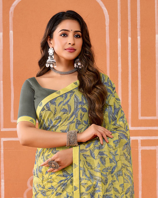 Vishal Prints Yellowish Green Printed Fancy Chiffon Saree With Fancy Border
