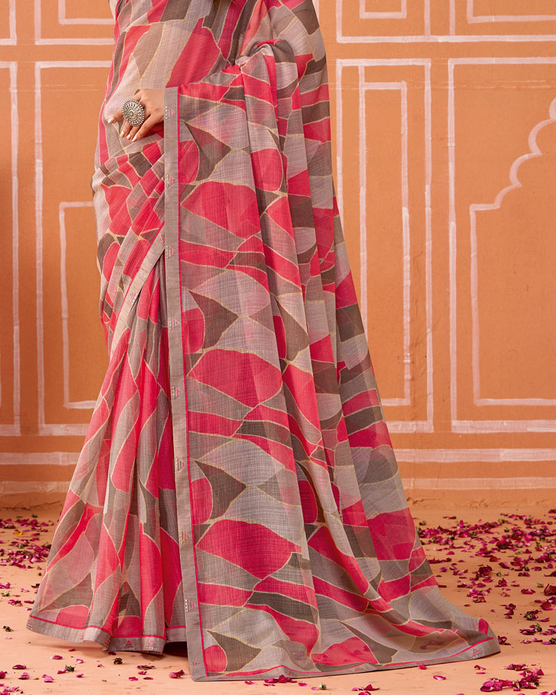 Vishal Prints Oriental Pink Printed Fancy Chiffon Saree With Fancy Border