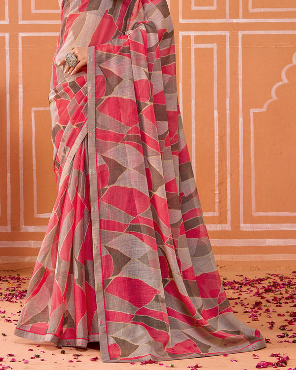 Vishal Prints Oriental Pink Printed Fancy Chiffon Saree With Fancy Border