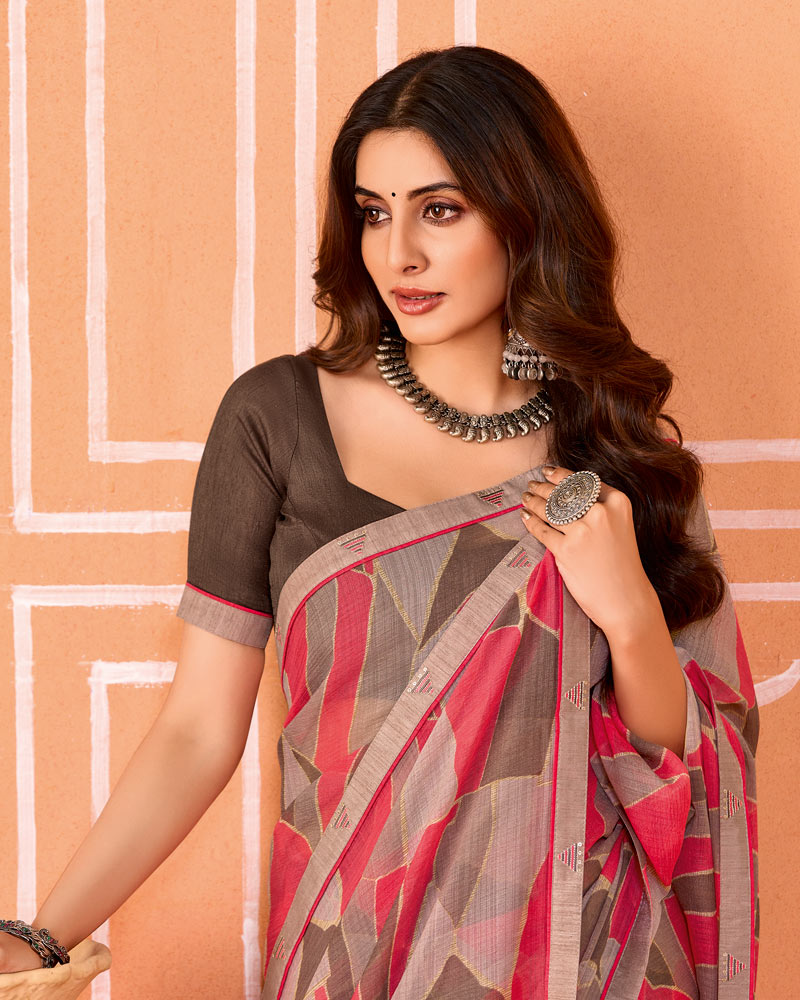 Vishal Prints Oriental Pink Printed Fancy Chiffon Saree With Fancy Border