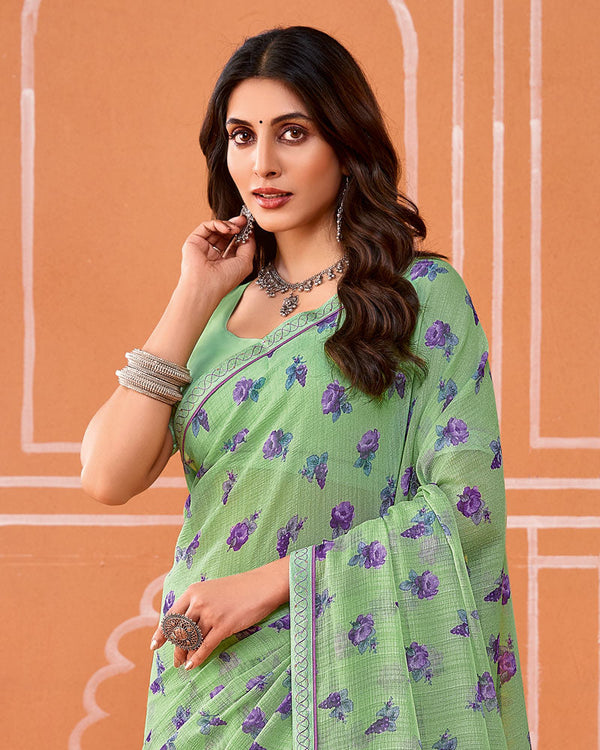 Vishal Prints Pastel Mint Green Printed Fancy Chiffon Saree With Fancy Border